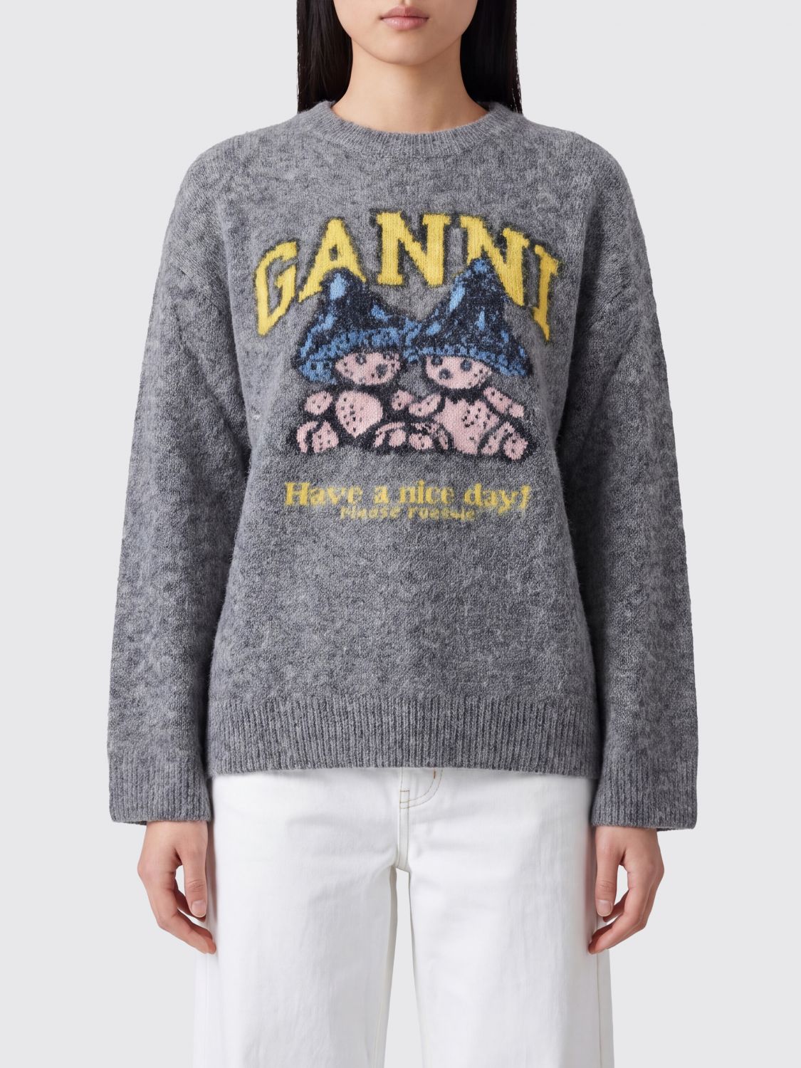 GANNI Pullover aus Alpakawollmischung mit kontrastierendem Grafik-Jacquard-Logo
