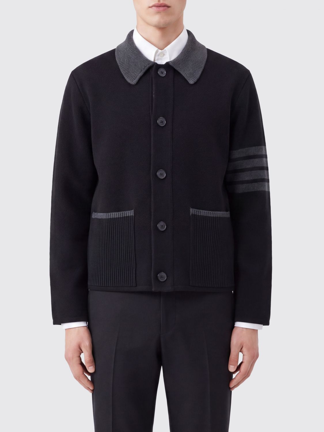 THOM BROWNE Woll-Cardigan mit klassischem Kragen und ikonischem 4-Bar-Streifen