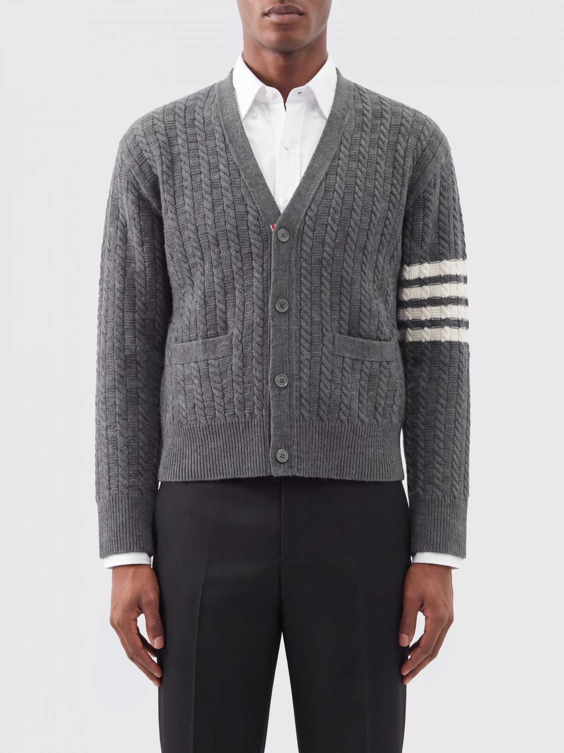 THOM BROWNE Slim Fit Cardigan aus Woll-Trikot mit V-Ausschnitt und 4-Bar-Streifen