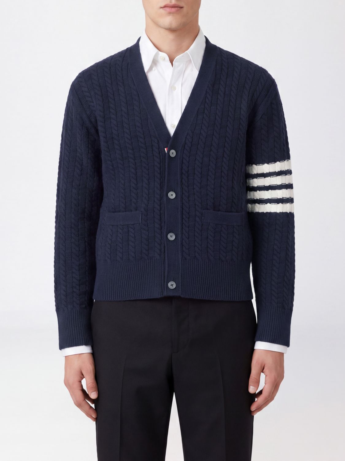 THOM BROWNE Slim Fit Cardigan aus Woll-Trikot mit V-Ausschnitt und 4-Bar-Streifen