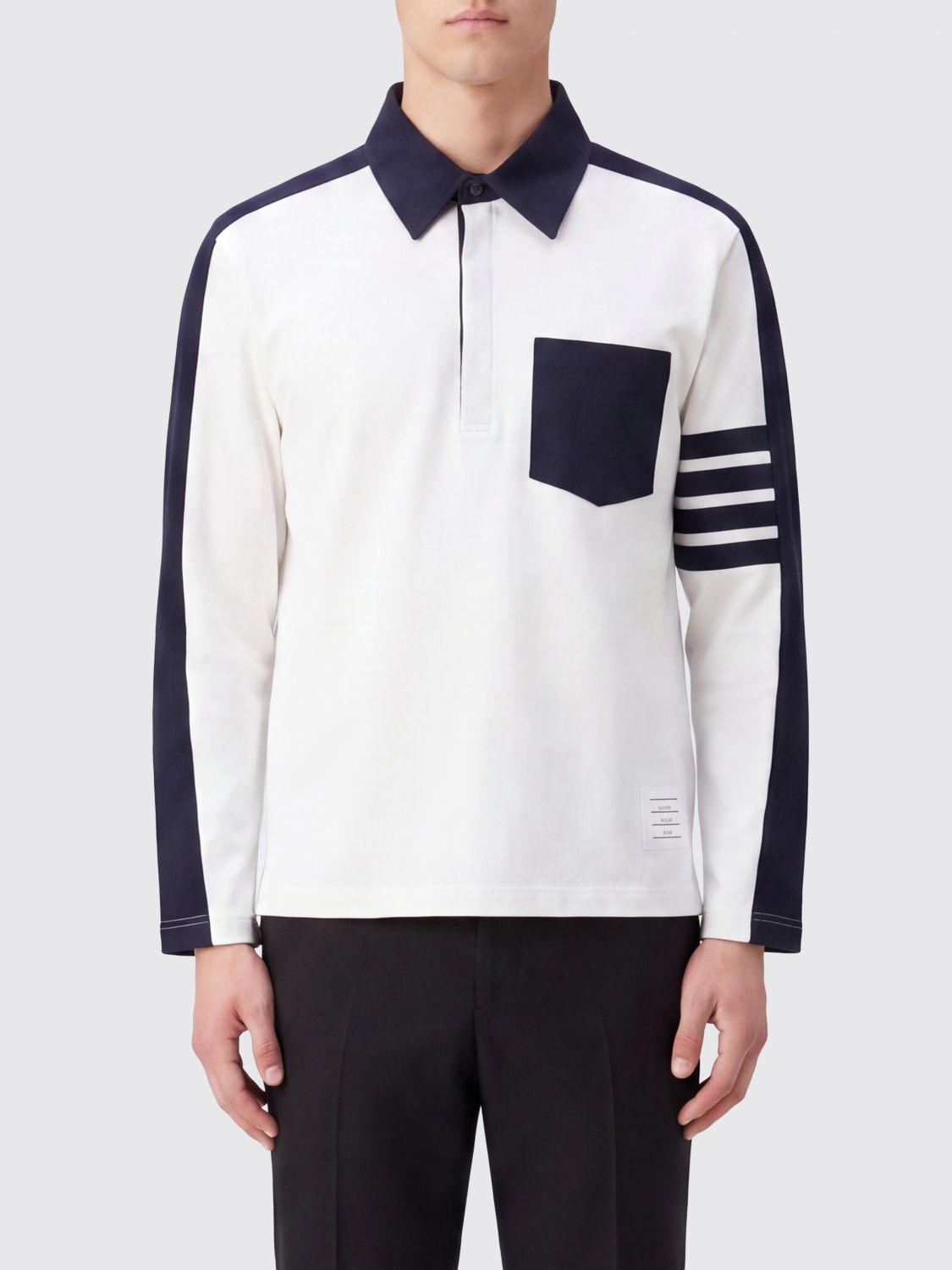 Thom Browne Long-Sleeved Bicolor Cotton Polo Shirt with 4-Bar Logo