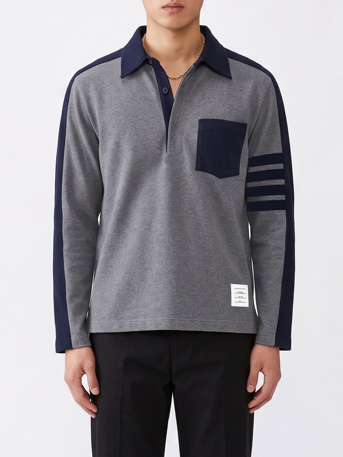 THOM BROWNE Long-Sleeved Bicolor Cotton Polo Shirt with 4-Bar Logo