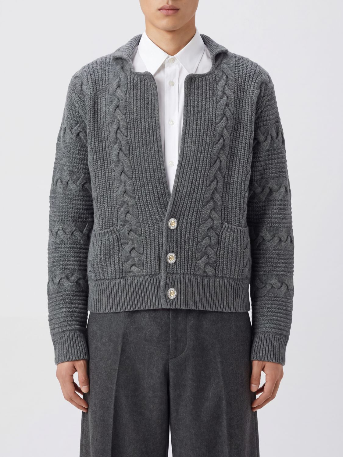 VERSACE Merino Wool V-Neck Cardigan with Front Patch Pockets