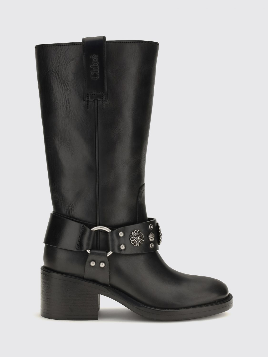 CHLOÉ Dakota Biker-Stiefel aus Kalbsleder mit Nieten und Stickerei