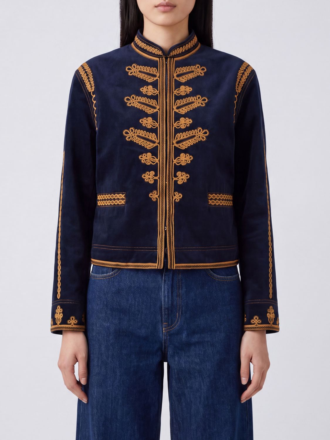ISABEL MARANT ETOILE Emalia Jeansjacke mit hohem Kragen und Ethno-Stickerei