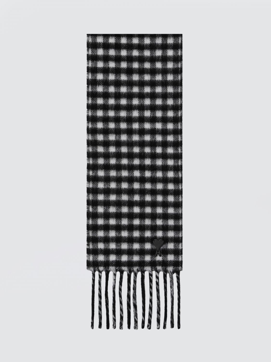 AMI PARIS Check Merino Wool Scarf with Logo and Fringes