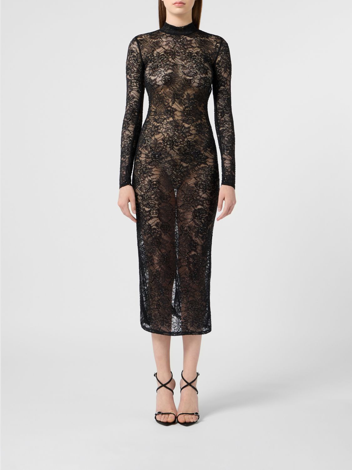 PHILIPP PLEIN Midi Evening Dress in Lace with Crystals and a Mock Neck