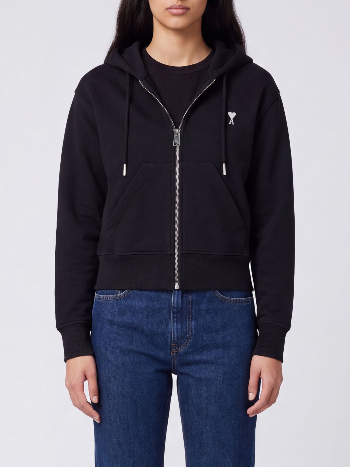AMI PARIS Hooded Zip-Up Cotton Sweatshirt with Embroidered Logo