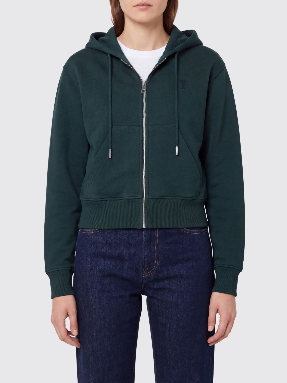 AMI PARIS Hooded Zip-Up Cotton Sweatshirt with Embroidered Logo