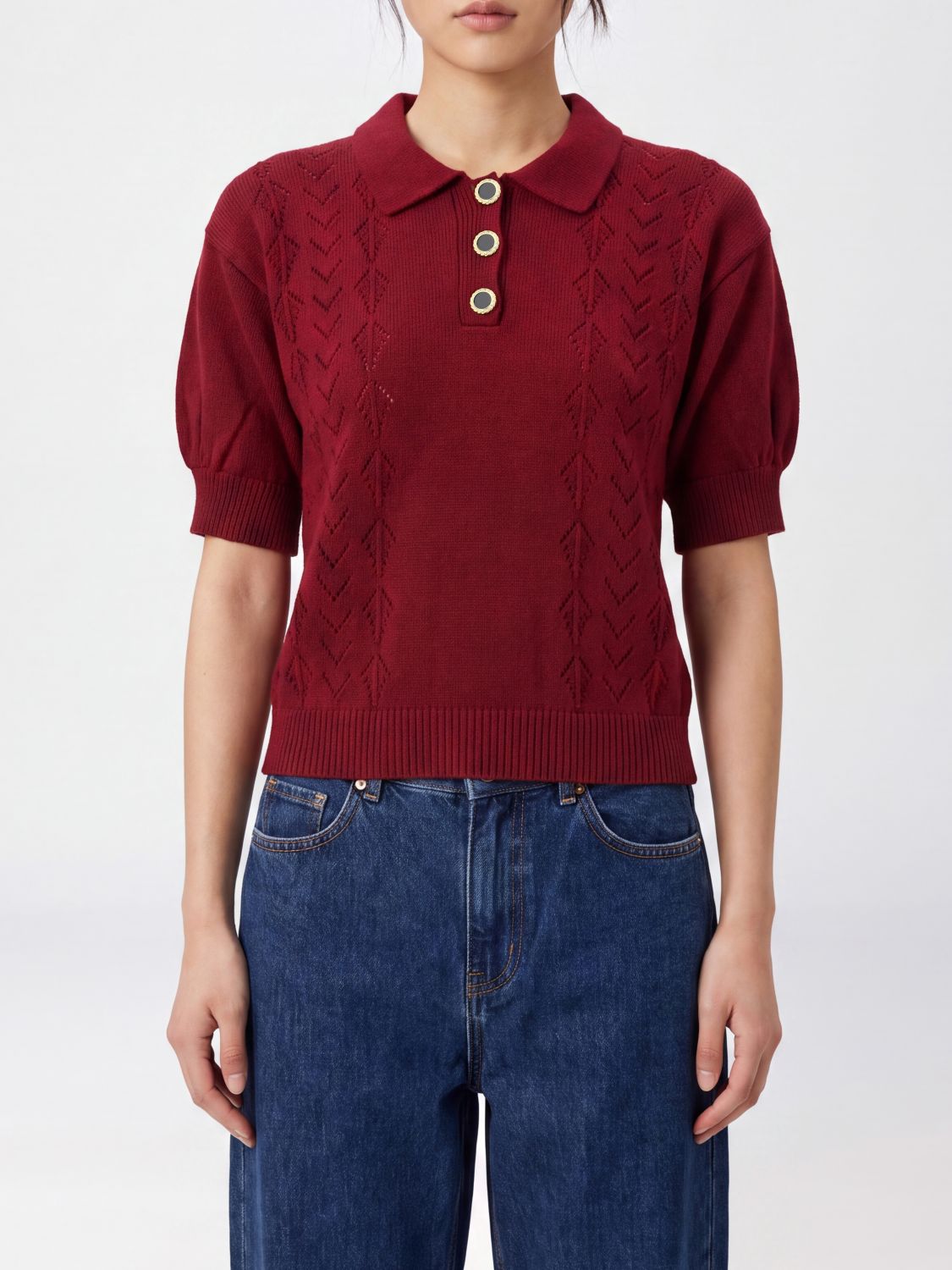 Alessandra Rich Merino Wool Knit Polo Shirt with Puff Sleeves