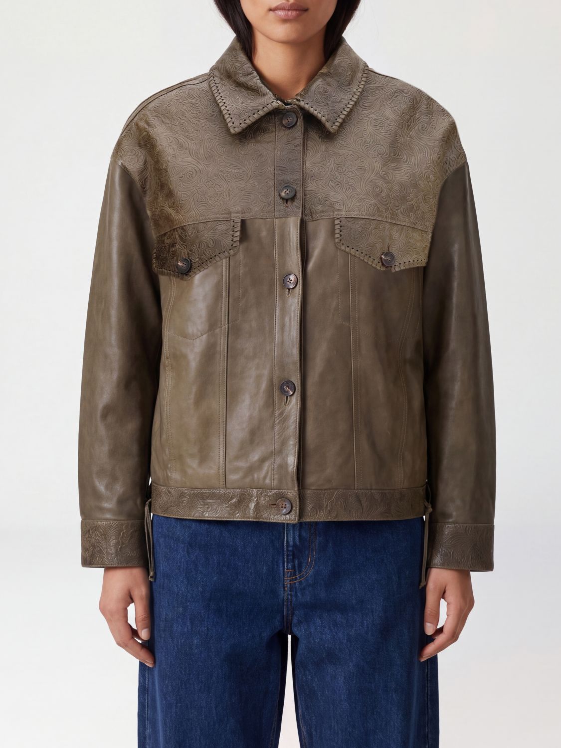 GOLDEN GOOSE Calfskin Leather Overshirt Jacket with Dropped Shoulders