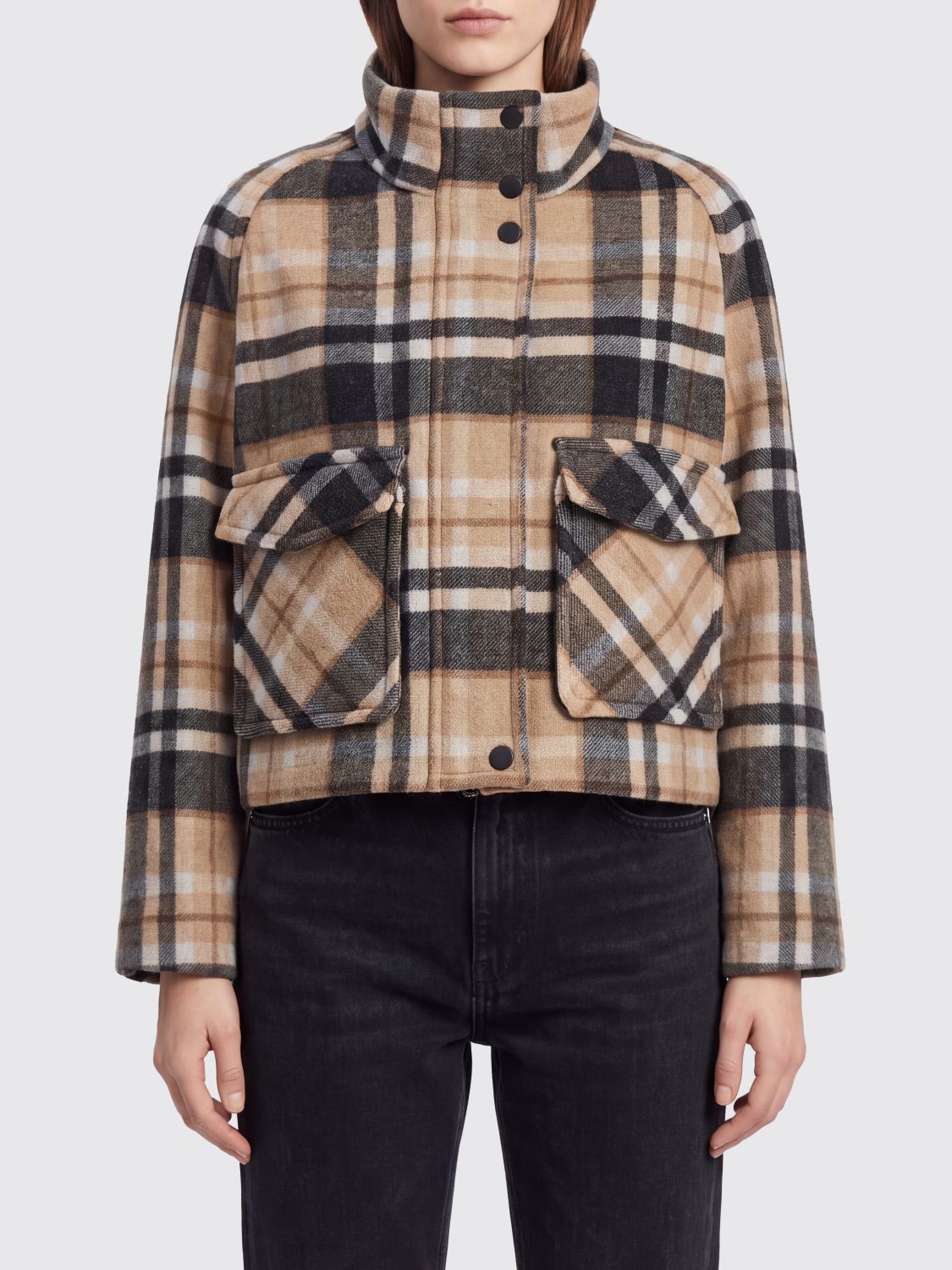 PINKO Bomber monopetto in lana con motivo tartan e collo a imbuto