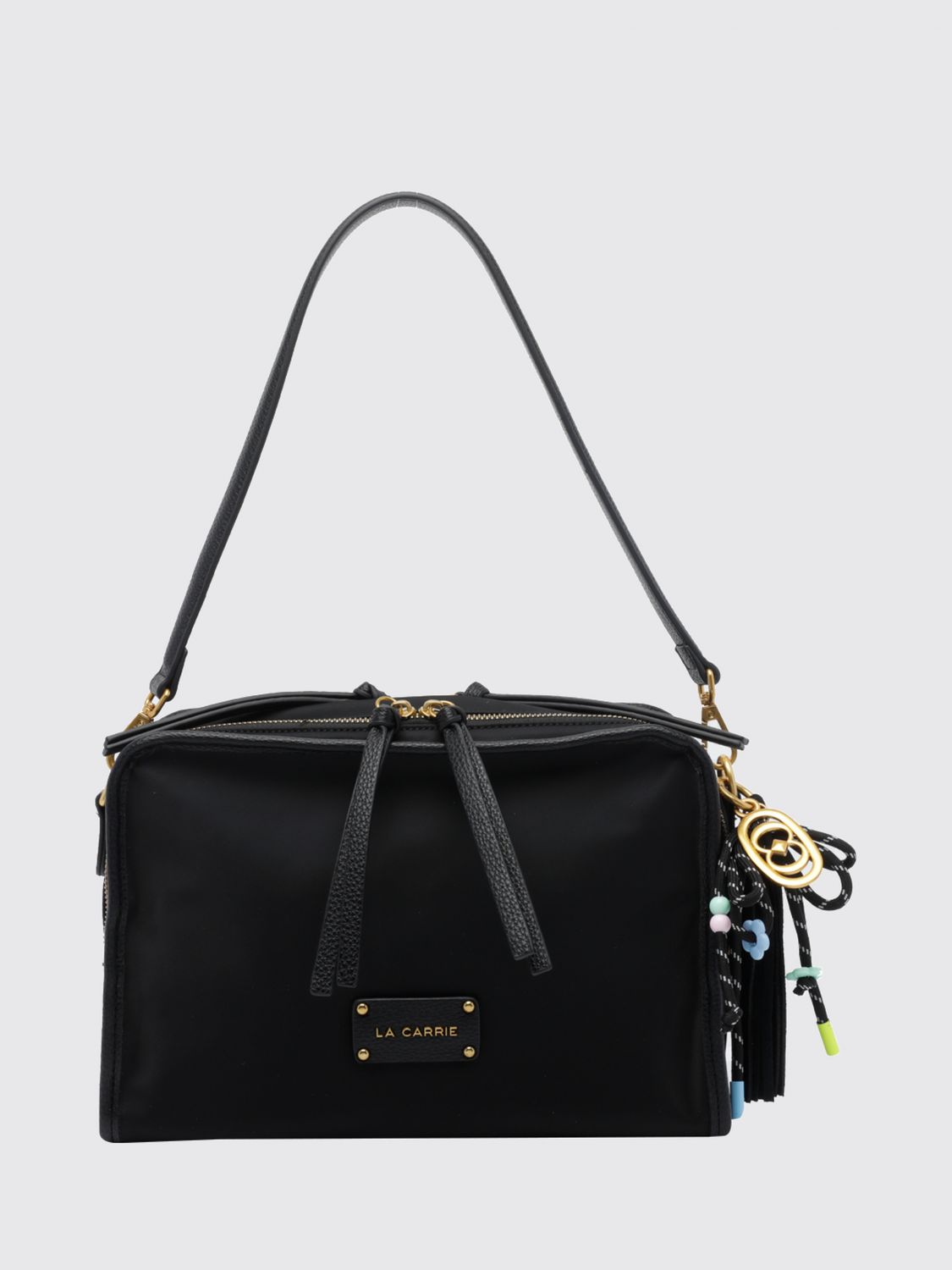 LA CARRIE Nylon Shoulder Bag with Logo Charm and Removable Strap