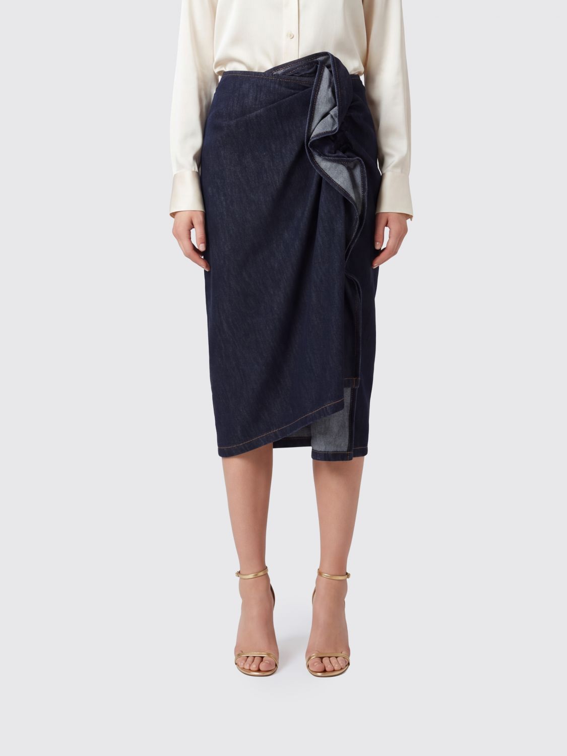 DRIES VAN NOTEN High-Waisted Asymmetrical Draped Denim Midi Skirt