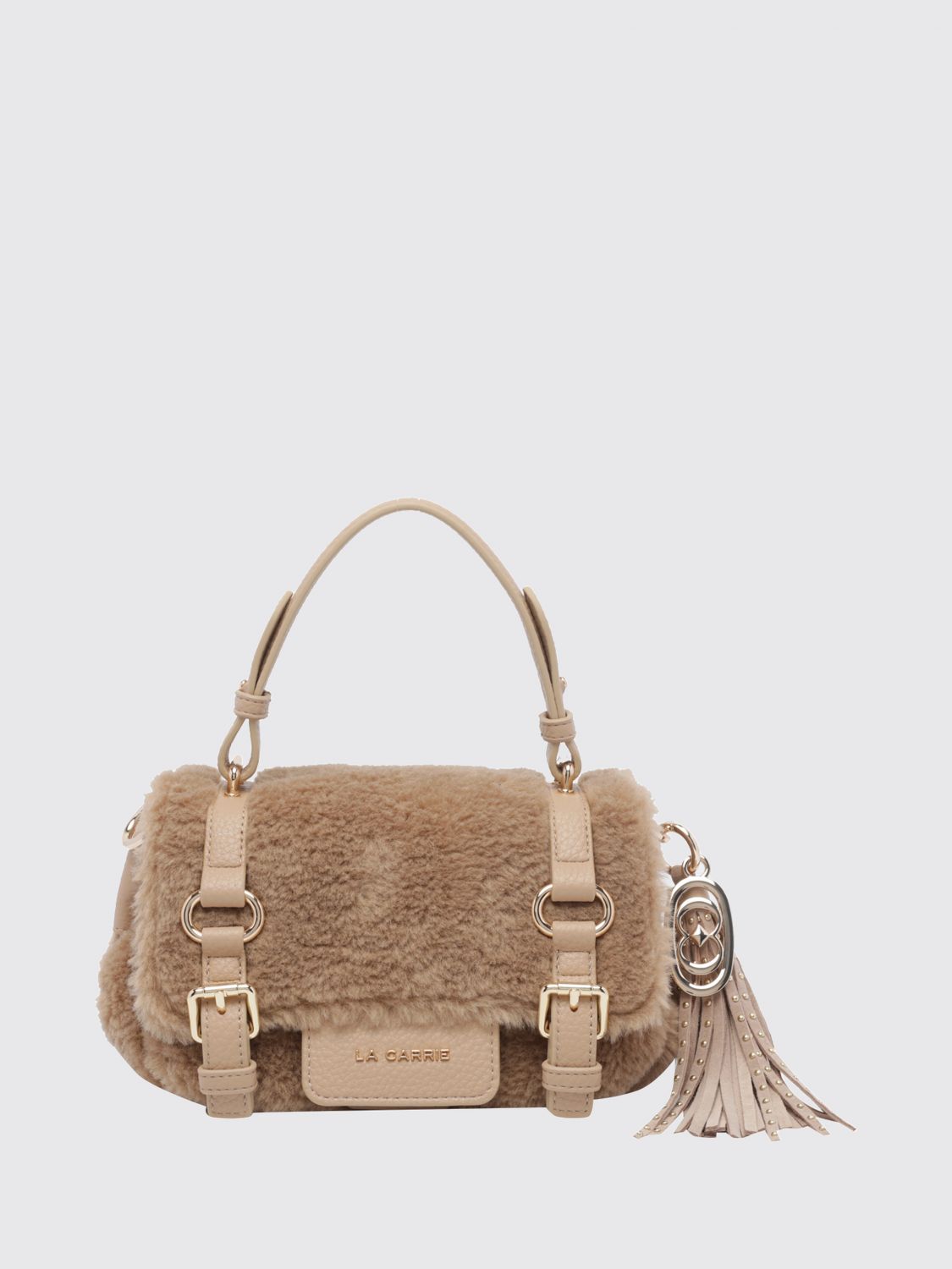 La Carrie Faux Fur Mini Handbag with Fringes, Logo Charm and Flat Handle