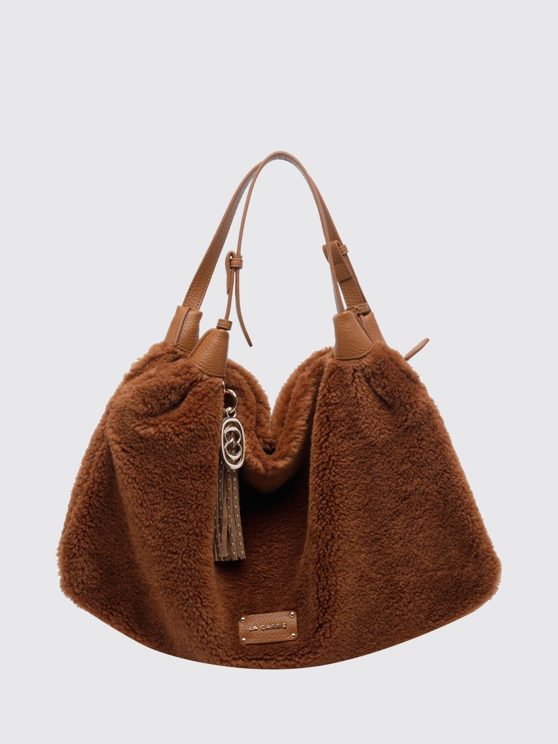 LA CARRIE Shearling Shoulder Bag with Double Adjustable Handle and Tassels