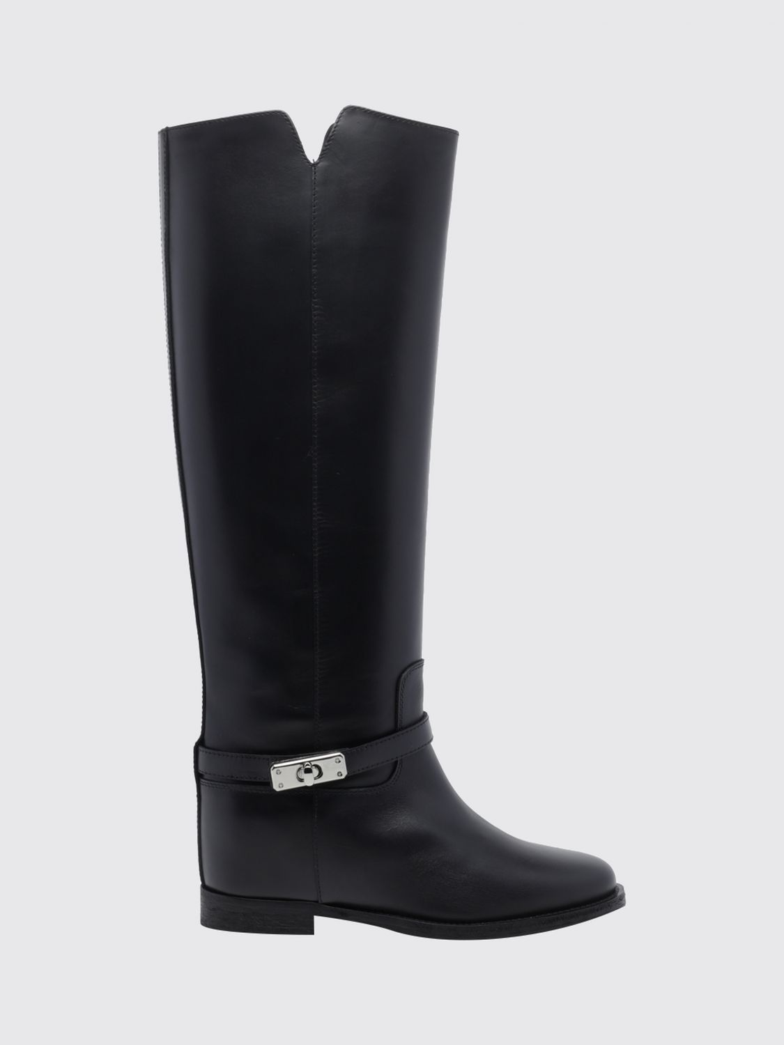Via Roma 15 Knee-High Wedge Boots in Calfskin Leather with Straps
