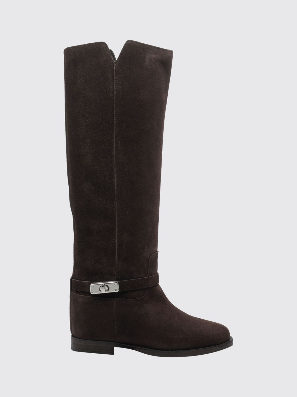 Via Roma 15 Knee-High Wedge Boots in Calfskin Leather with Straps