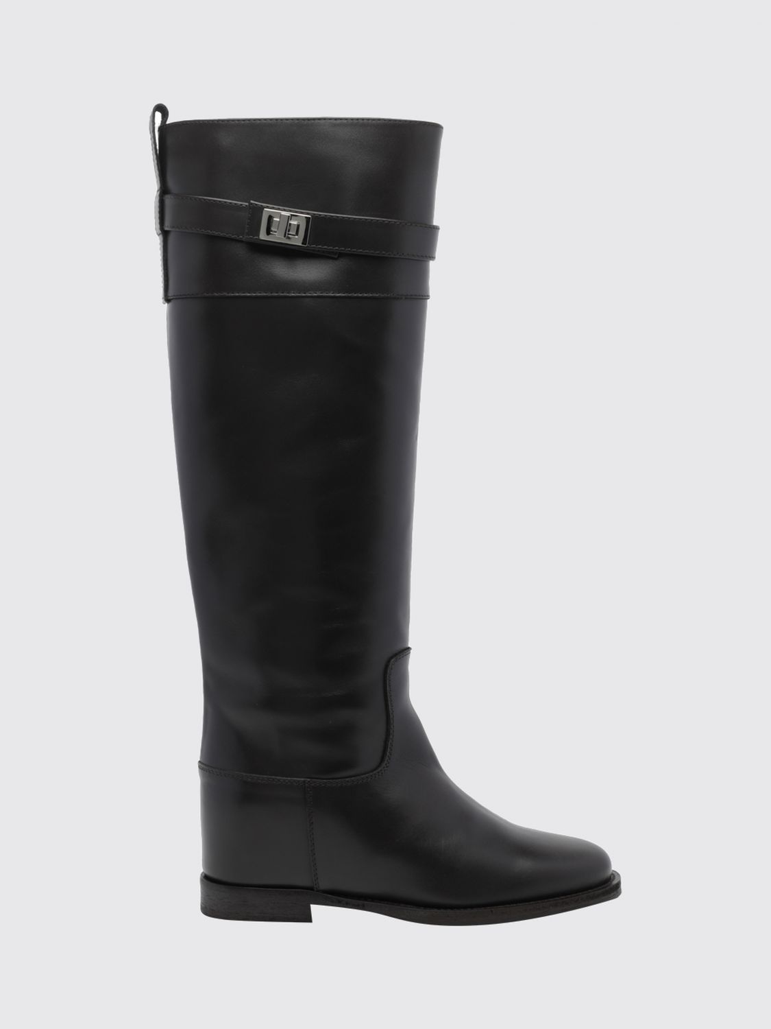 Via Roma 15 Knee-High Wedge Boots in Calfskin Leather with Pull-Tab