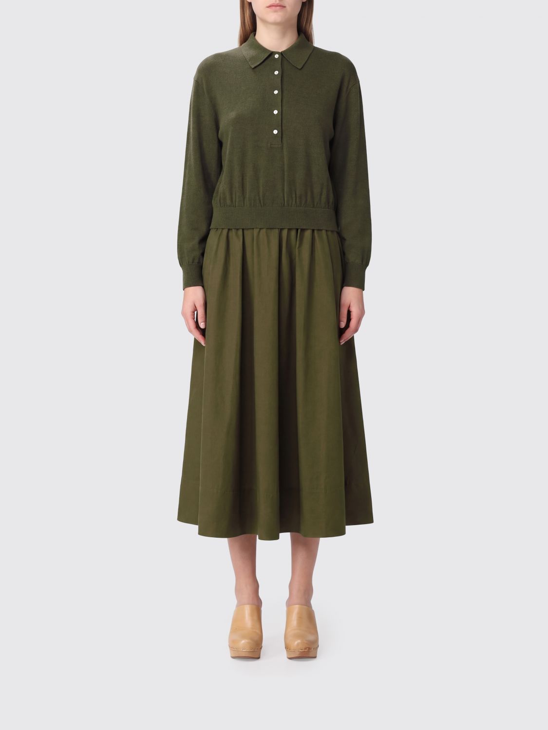 Polo Ralph Lauren Double-layer Wool And Cotton Blend Flared Midi Dress In Green