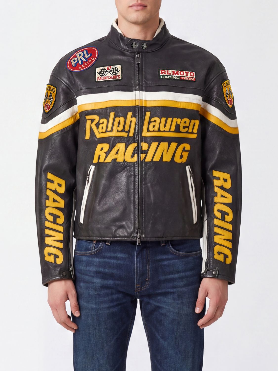 Polo Ralph Lauren Cowhide Leather Biker Jacket with Zip and Patches