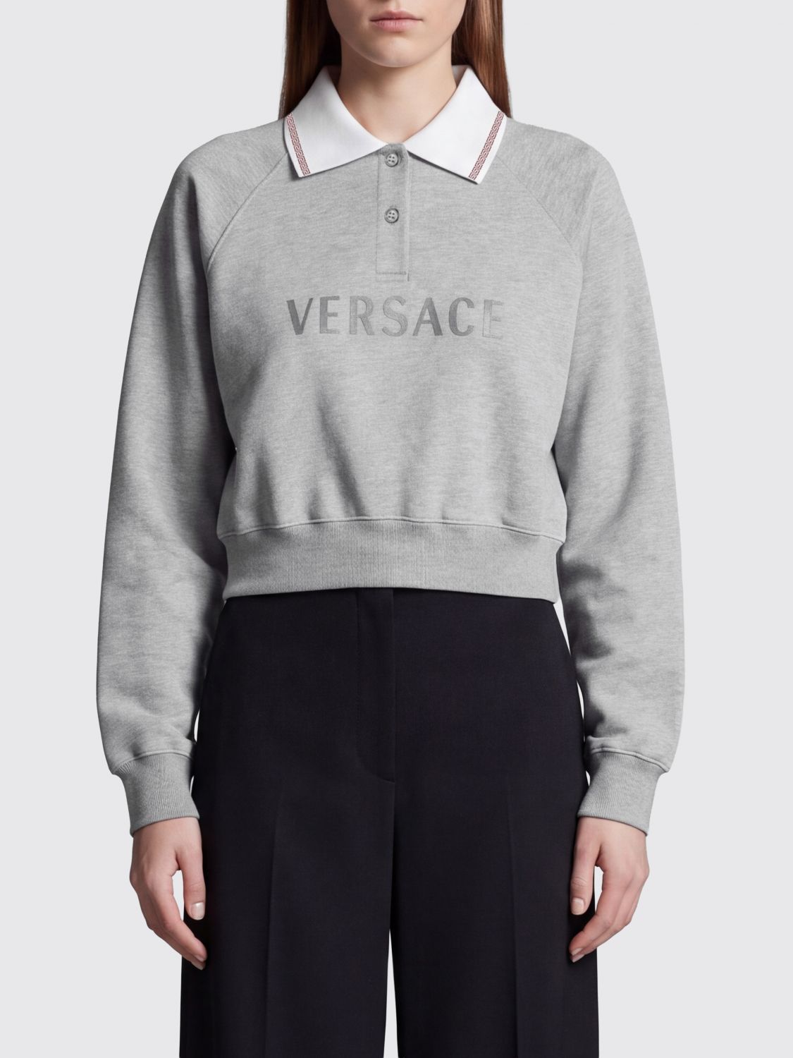 VERSACE Cropped-Polo-Sweatshirt aus Baumwolle mit klassischem Kragen und Kontrastlogo