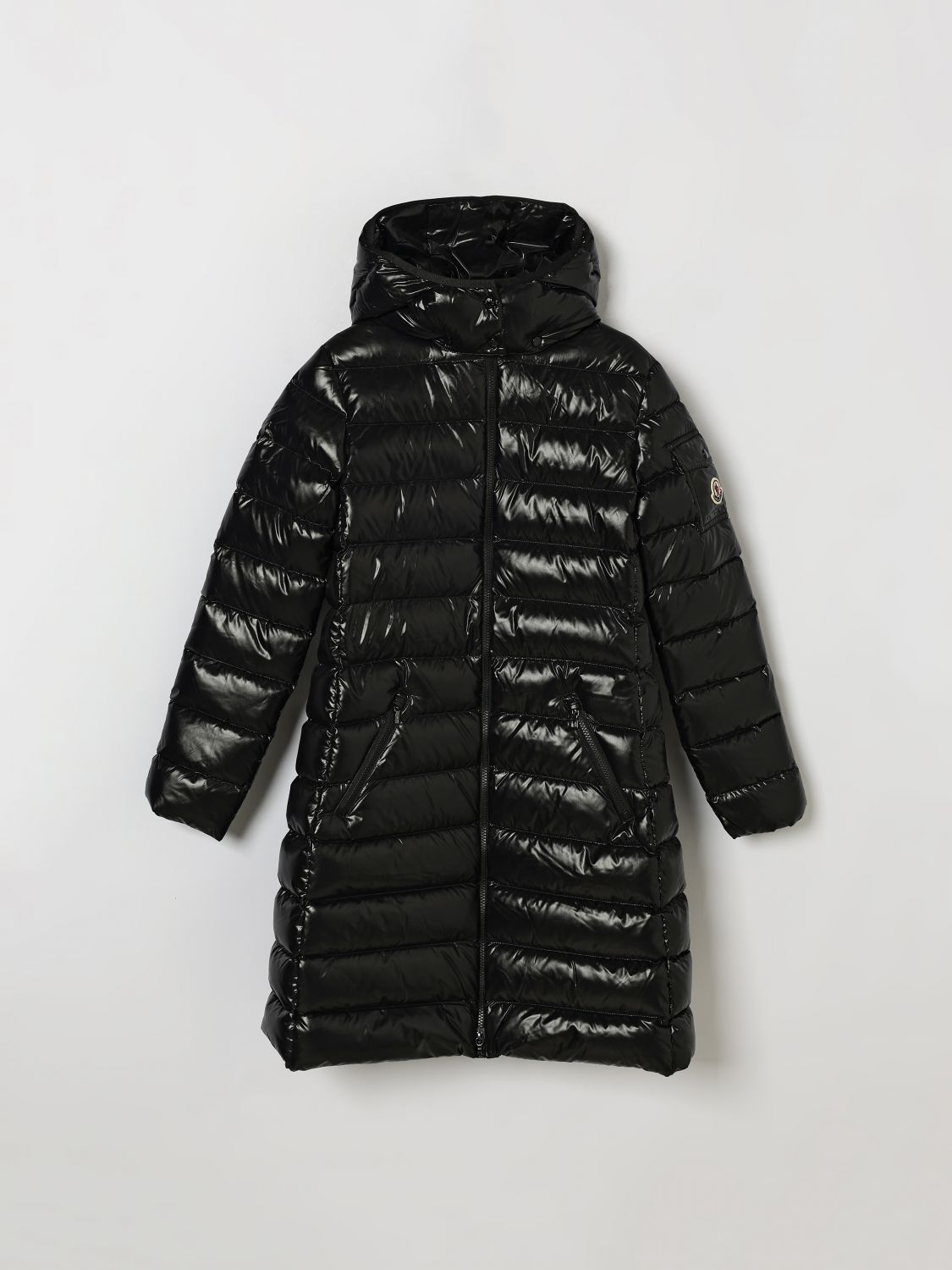 Moncler Kids' Girl's Moka Long Nylon Down Jacket With Hood In Black