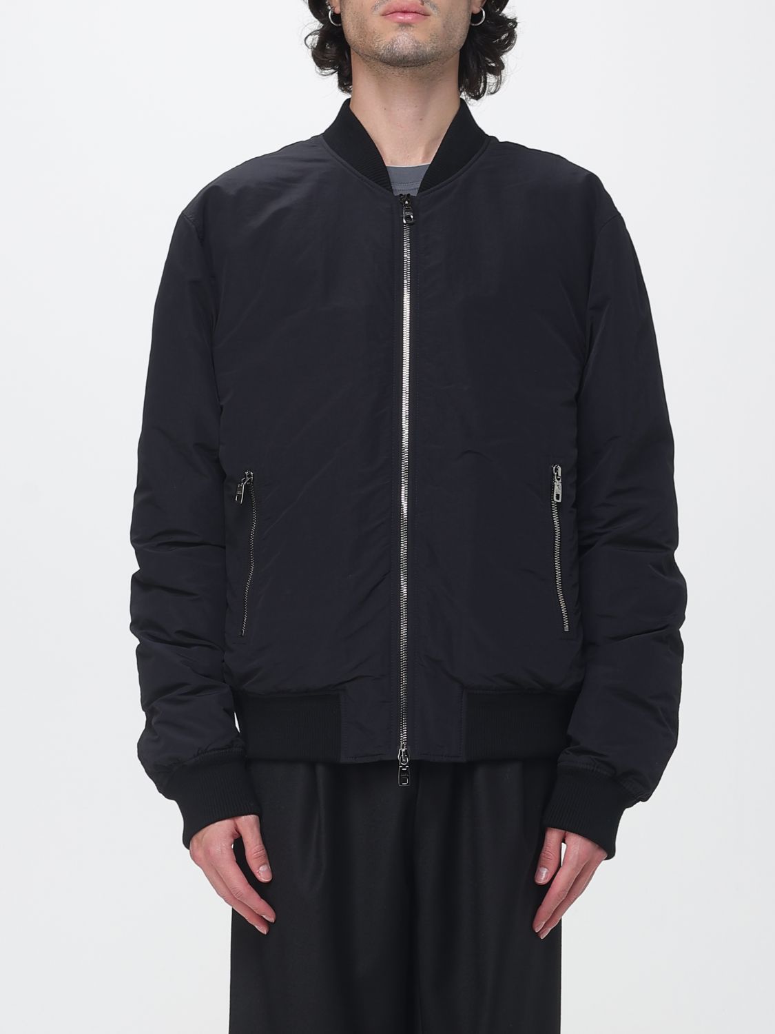 Dolce & Gabbana Black Technical Fabric Bomber Jacket with Classic Collar and Logo Patch