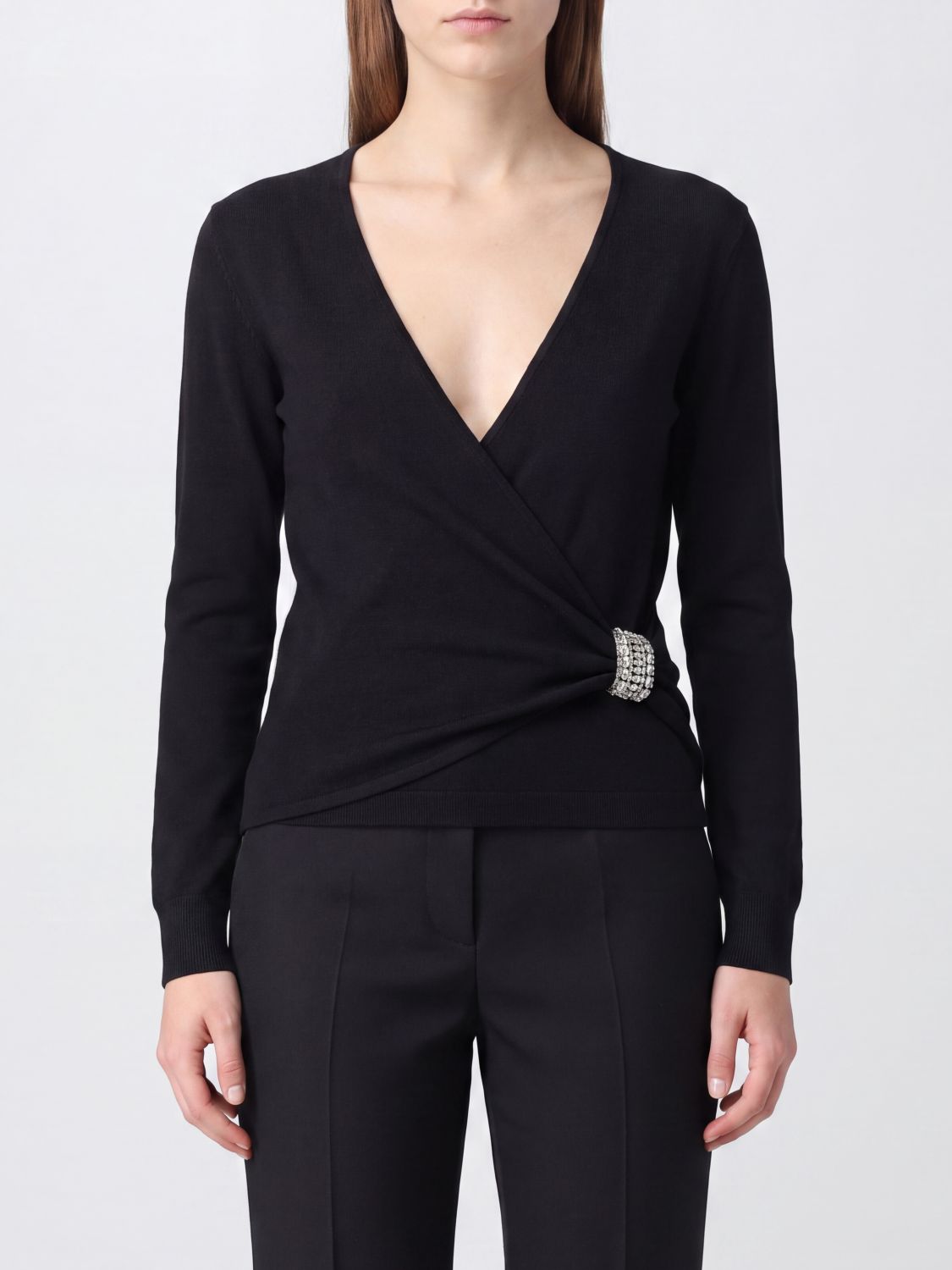 Valentino Garavani Slim Fit Virgin Wool Long-Sleeved Top with Jewelled Brooch