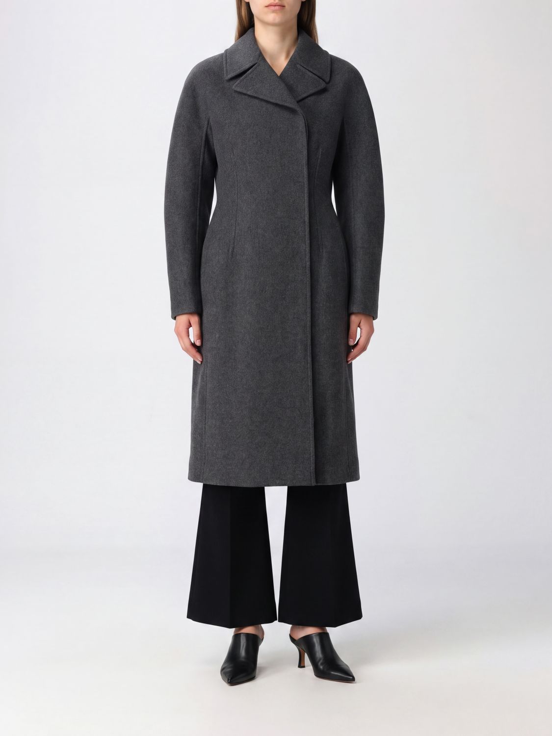 Jil Sander Long Double-Breasted Coat in Pure Virgin Wool with Concealed Fastening