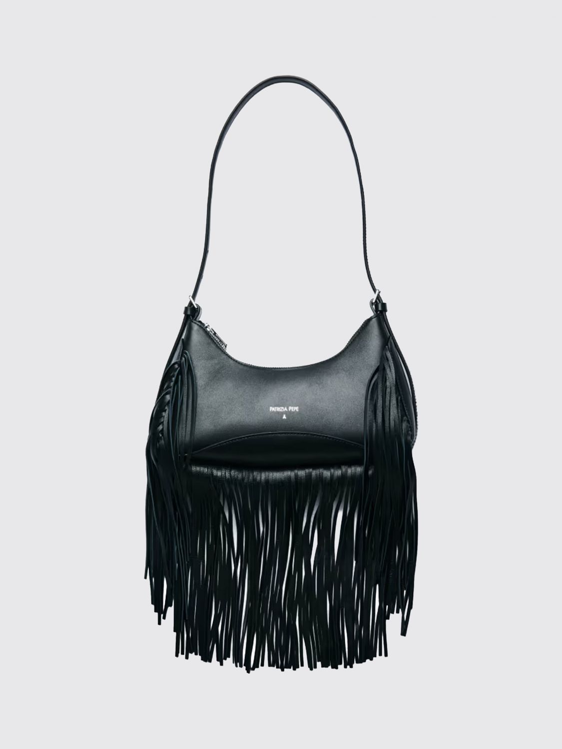 PATRIZIA PEPE Calfskin Leather Shoulder Bag with Fringes and Adjustable Handle
