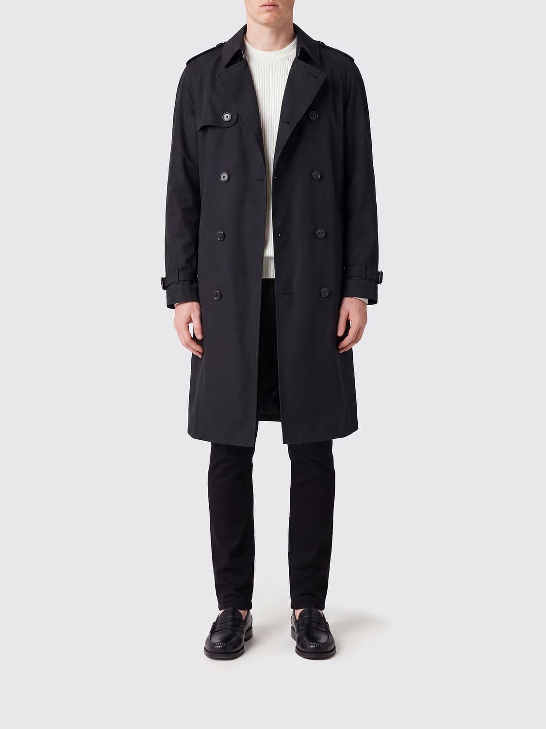 BOSS Double-Breasted Cotton Knee-Length Trench Coat with Belt and Epaulettes