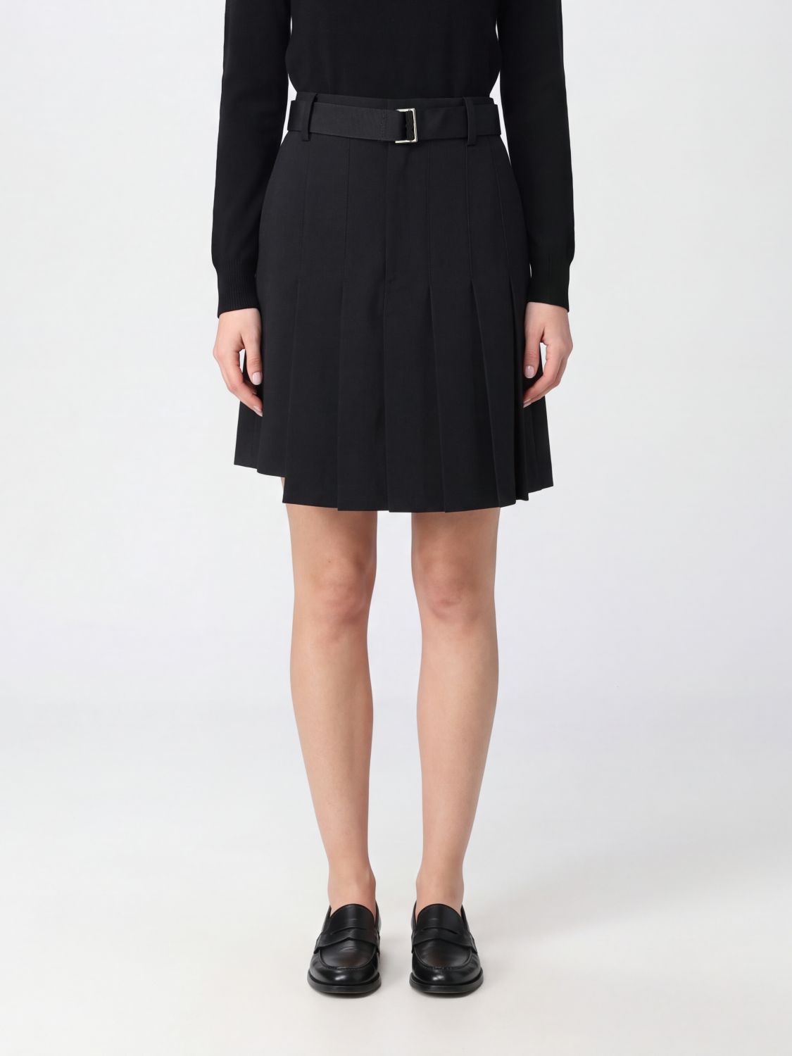 SACAI Shorts plissettati in lana a vita alta con orlo asimmetrico