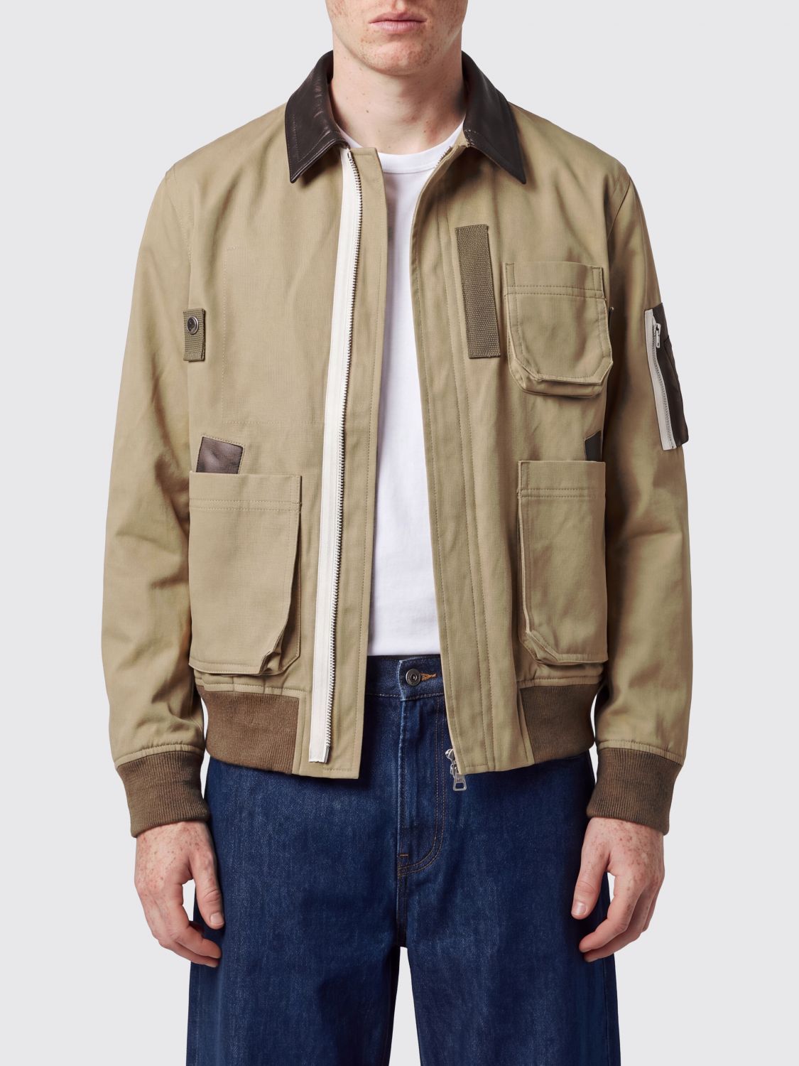 Sacai Cotton Bomber Jacket with Contrasting Leather Collar and Patch Pockets