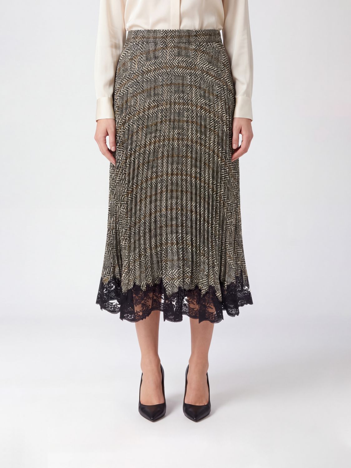 ERMANNO SCERVINO Check Crêpe Pleated Midi Skirt with Lace Inserts