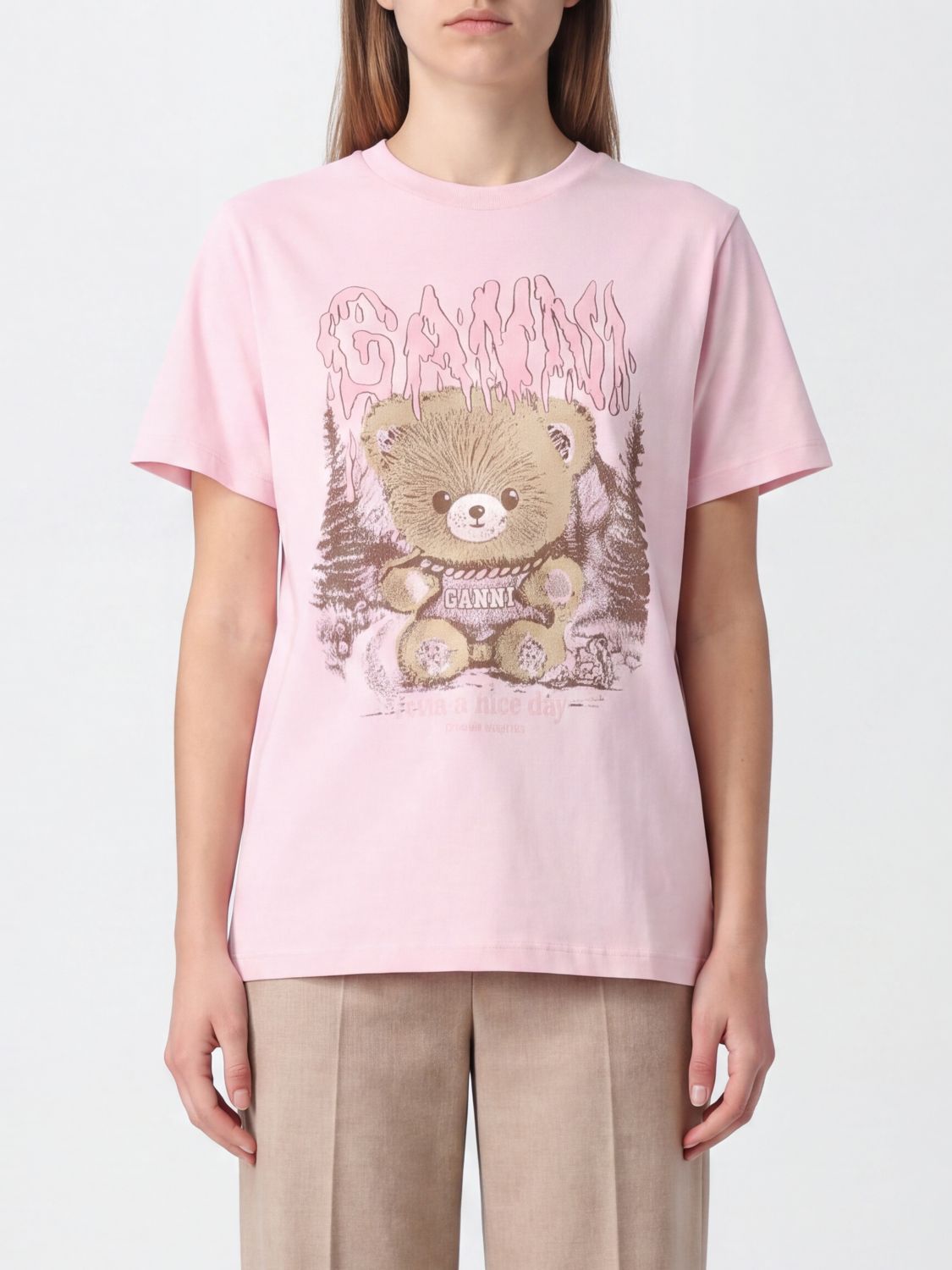 Ganni Pink Cotton T-shirt with Teddy Bear Print and Contrast Logo