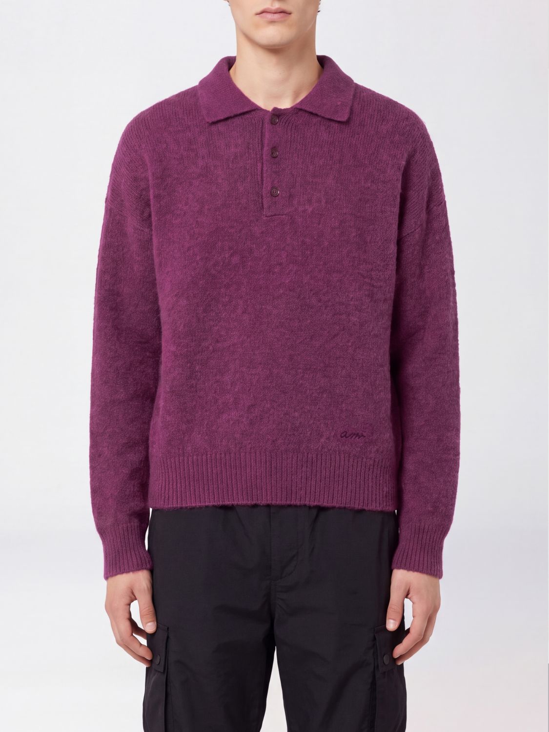 AMI PARIS Long-Sleeved Knitted Polo in Alpaca and Wool Blend