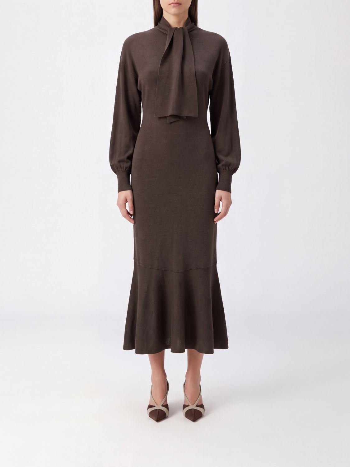 JACQUEMUS Silk Blend Midi Knitted Dress with Tie-Neck