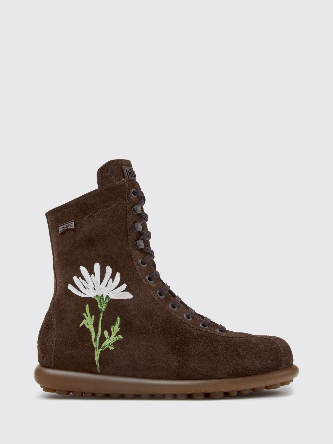 Camper Twins Lace-Up Boots in Floral Suede with a Notched Rubber Sole