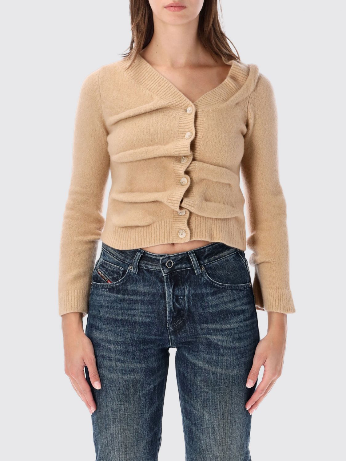 DIESEL Cardigan drappeggiato in misto lana con scollo a V e bottoni