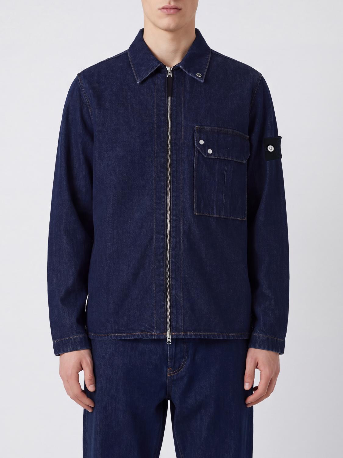 Stone Island Cotton Denim Shirt Jacket with Zip Closure and Compass Logo