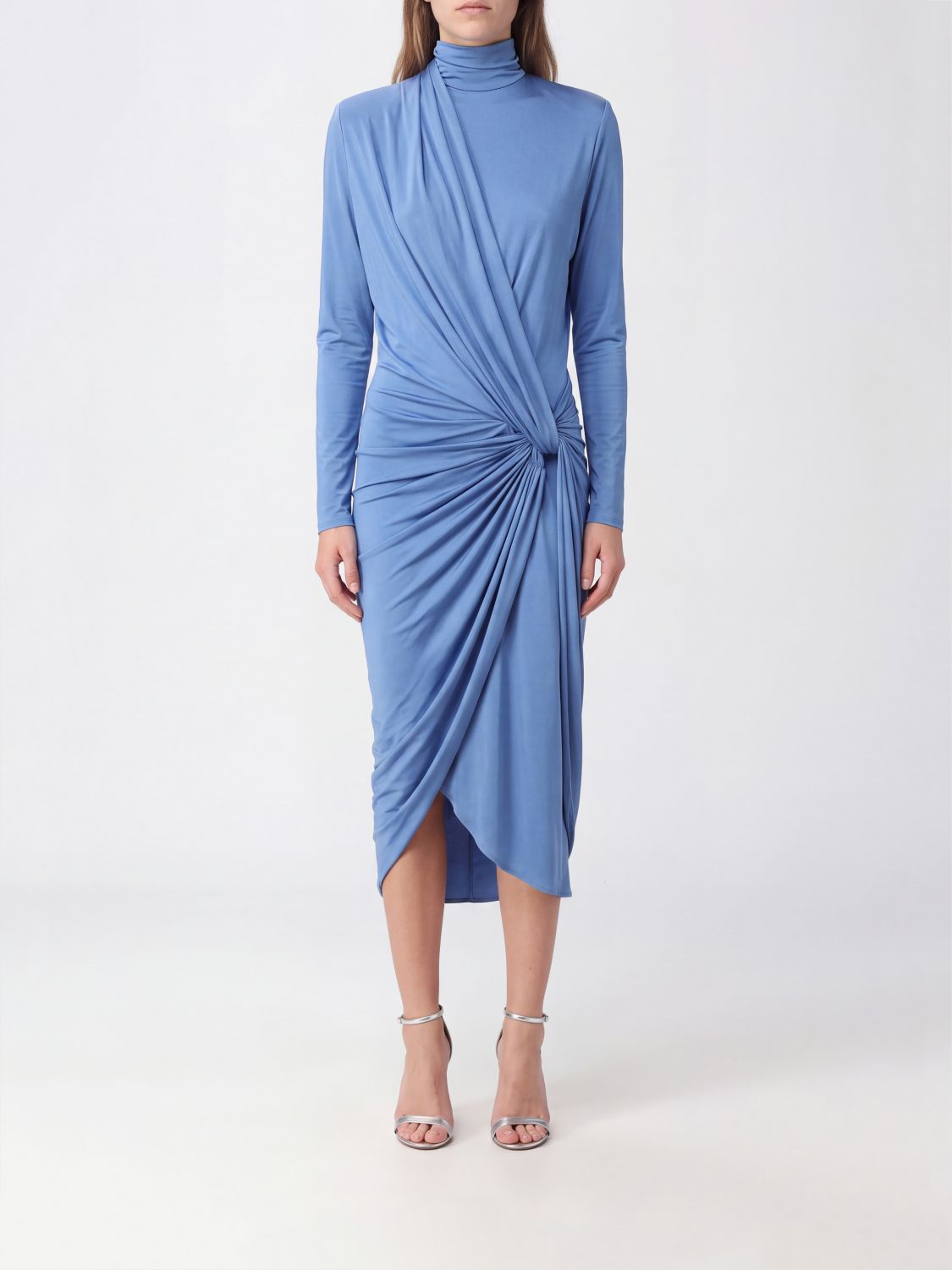 BALMAIN Asymmetrisches, drapiertes Midi-Kleid aus Jersey mit hohem Kragen