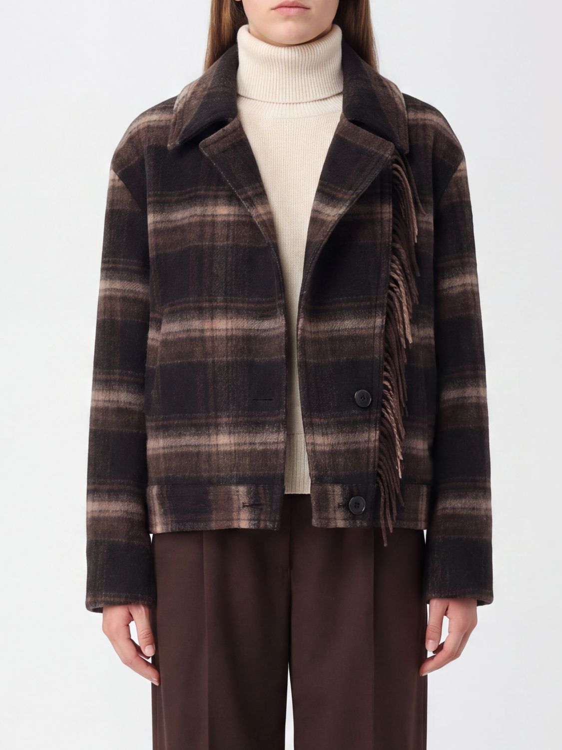 Isabel Marant Etoile Short Single-Breasted Check Wool-Blend Coat with Fringes