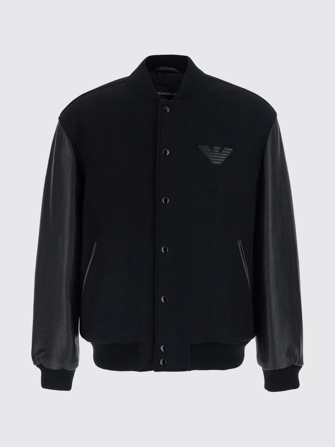 EMPORIO ARMANI College-Style Wool and Leather Bomber Jacket with Eagle Logo