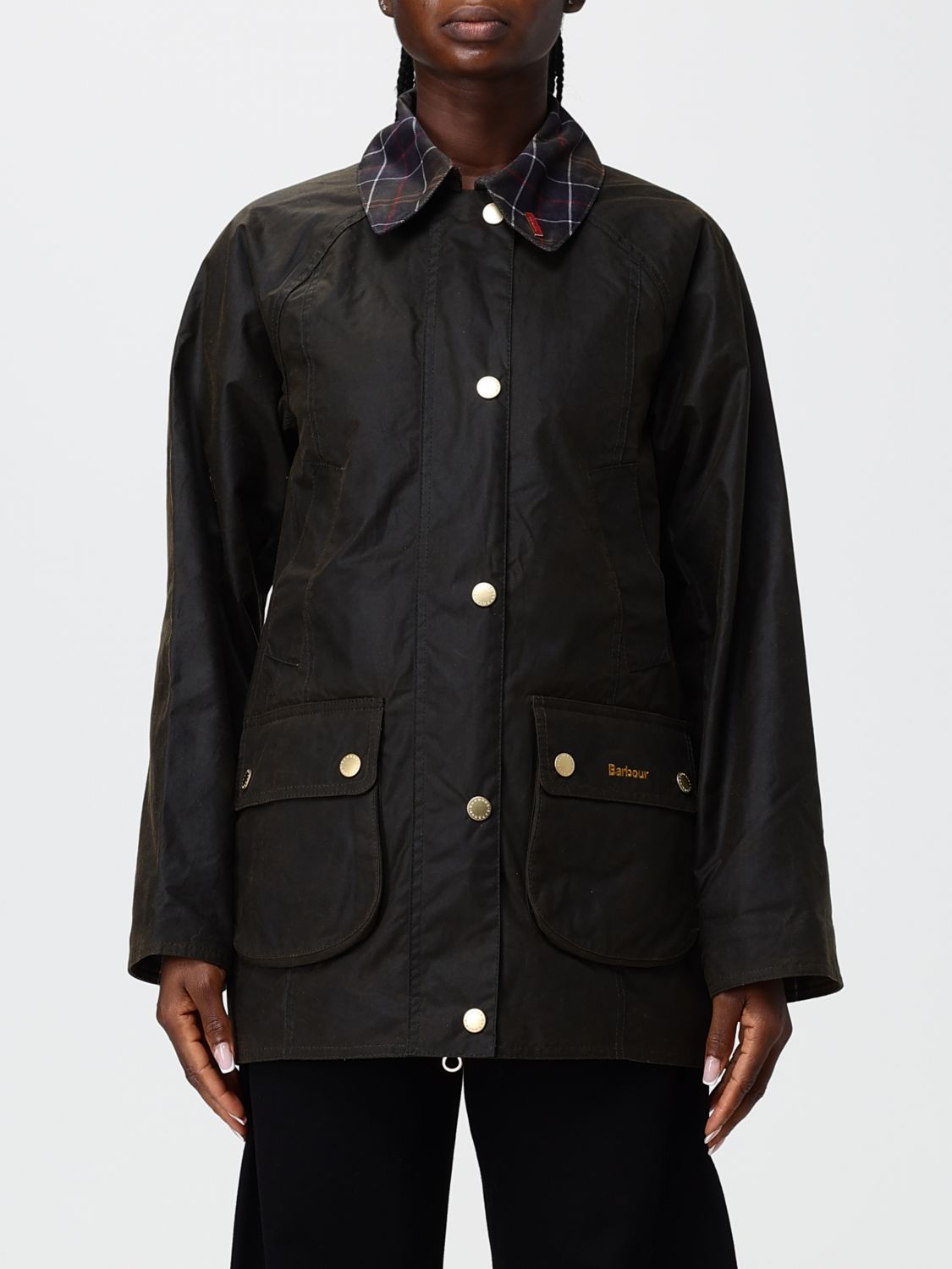 Barbour Short Shirt Jacket in Waxed Cotton with Check Collar