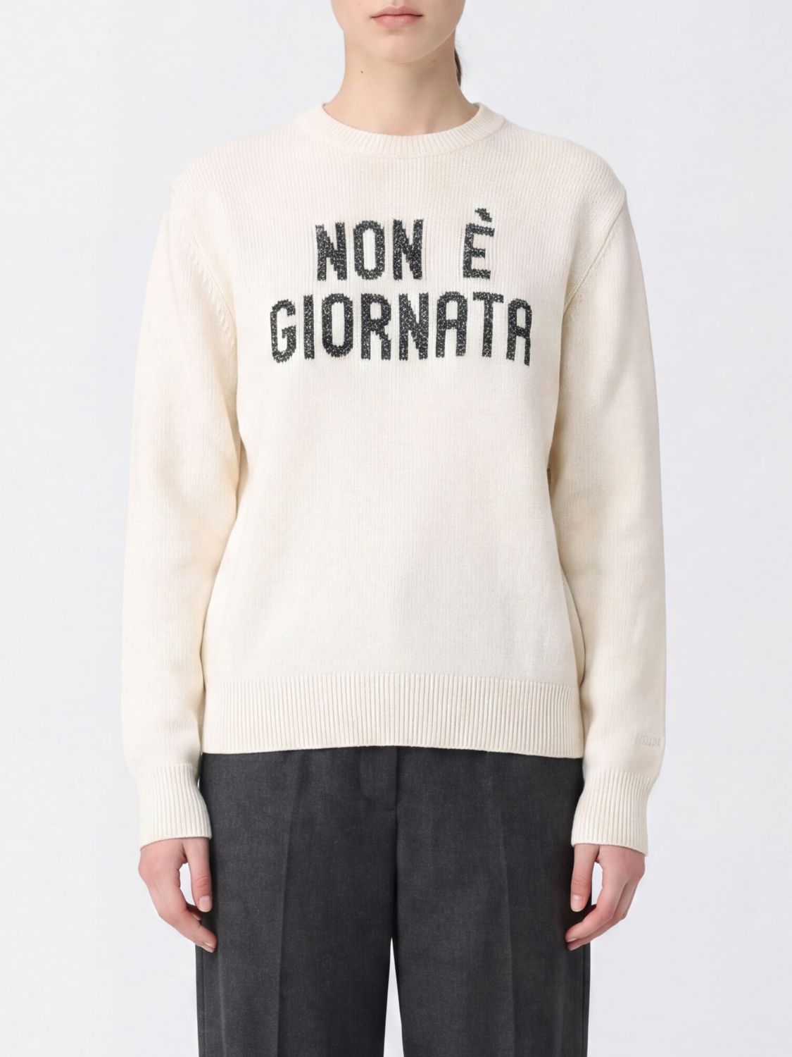 Mc2 Saint Barth Slogan Print Cashmere and Wool Blend Sweater with Crew Neck
