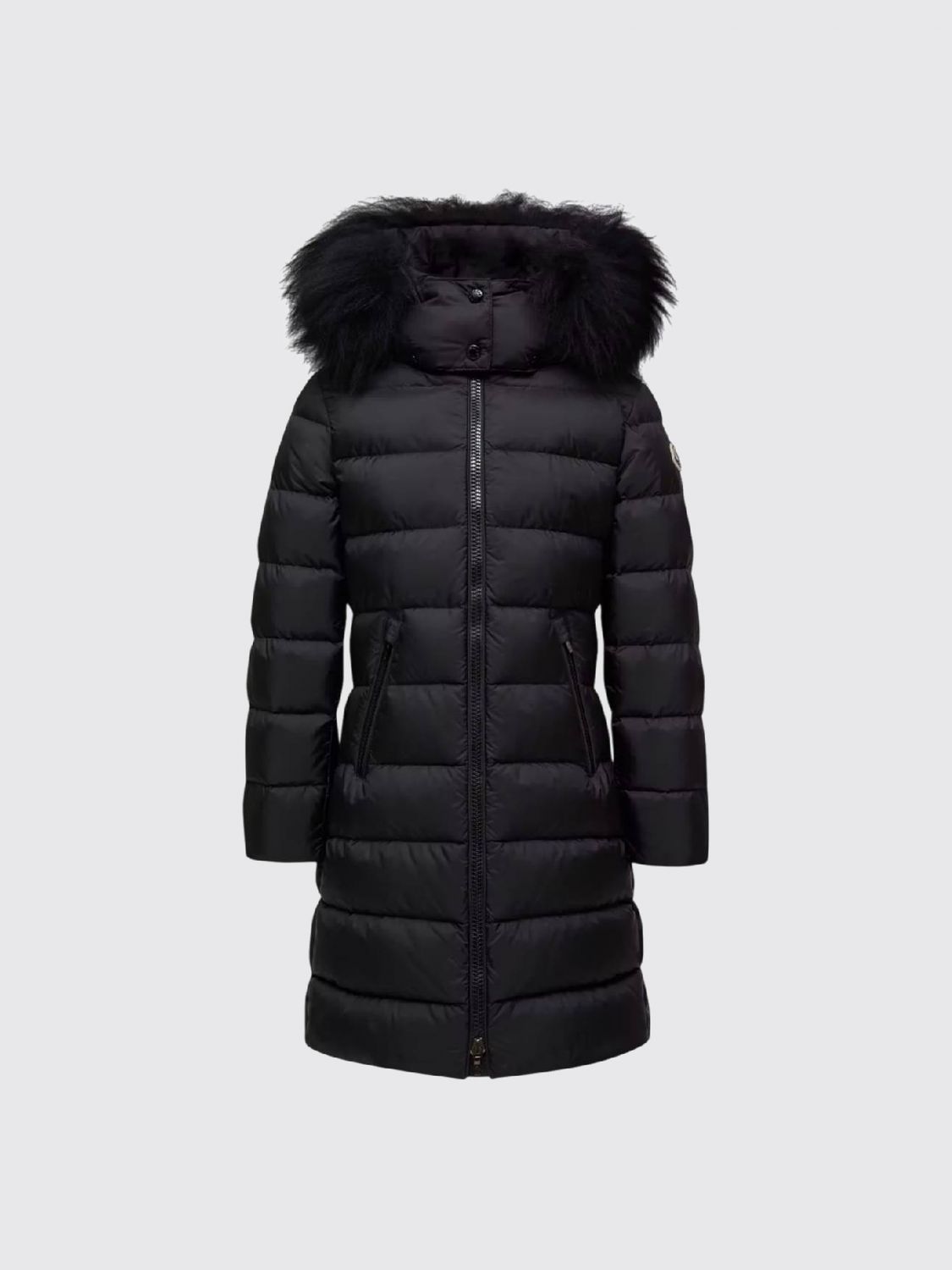 MONCLER Lange Nylon-Daunenjacke für Jungen mit Shearling-Kapuze