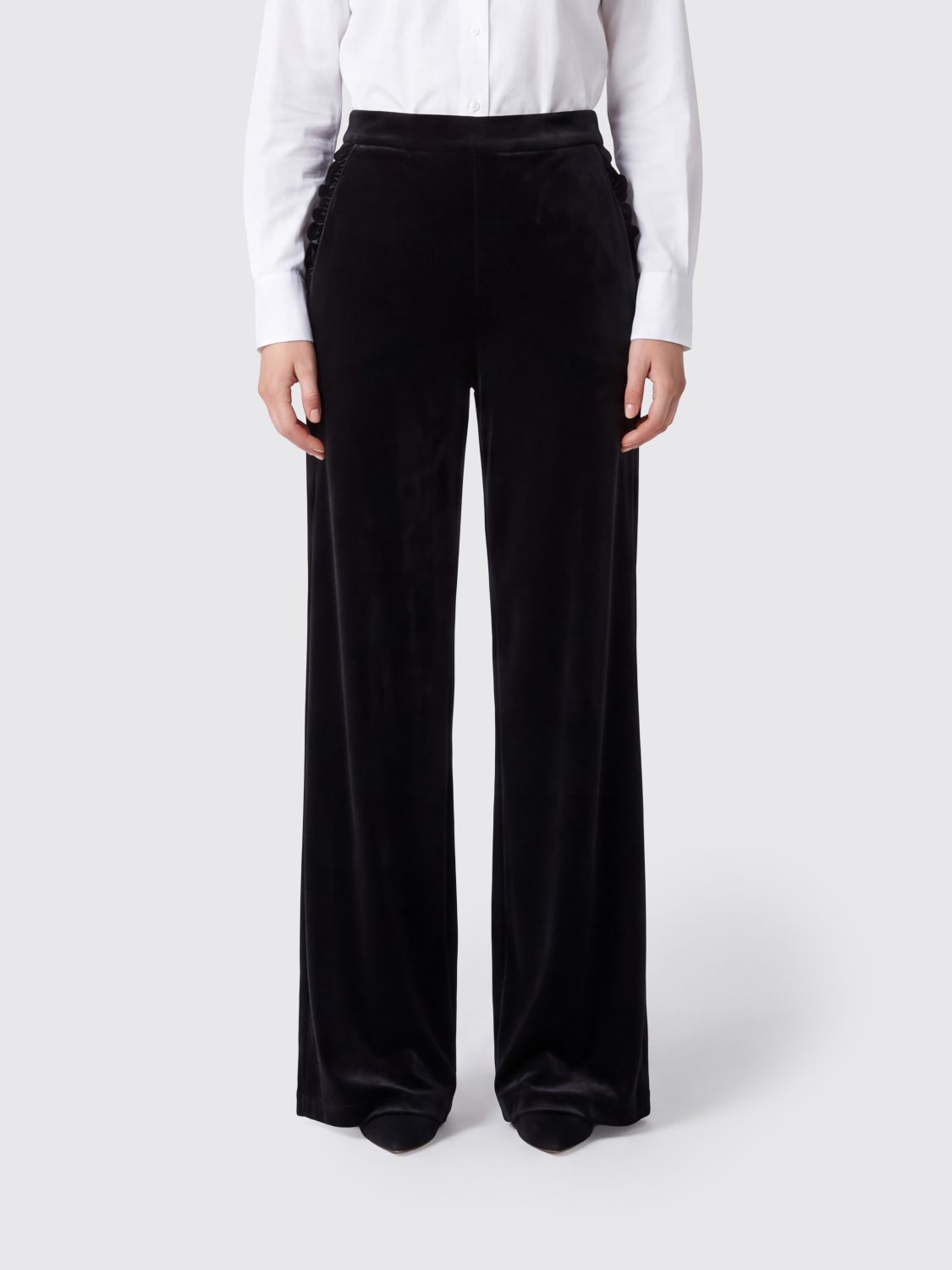 EMPORIO ARMANI Palazzo-Hose aus Samt mit weitem Bein und Rüschen