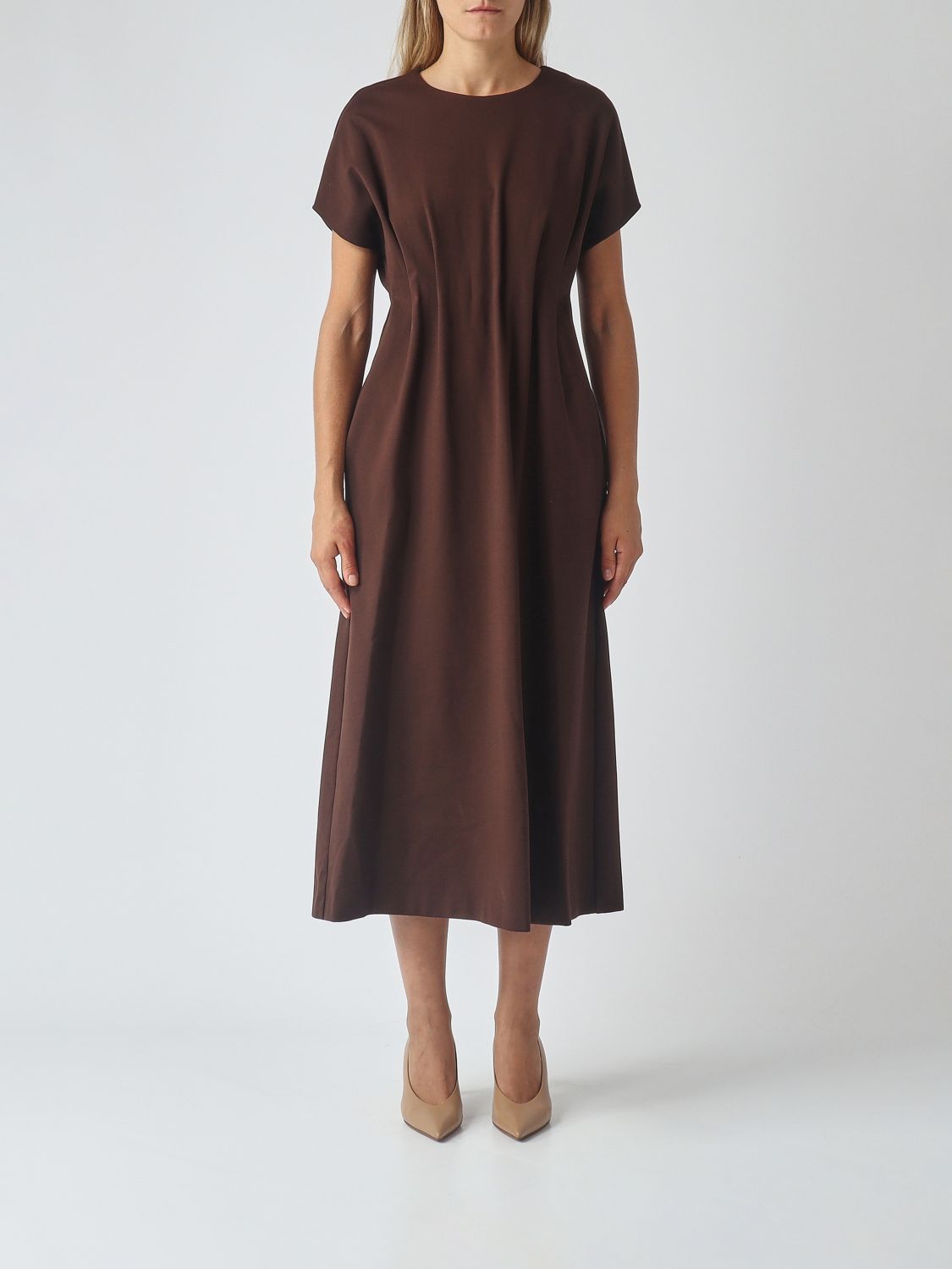 MEIMEIJ Flared Midi Dress in Viscose Blend with Short Sleeves and Crew Neck