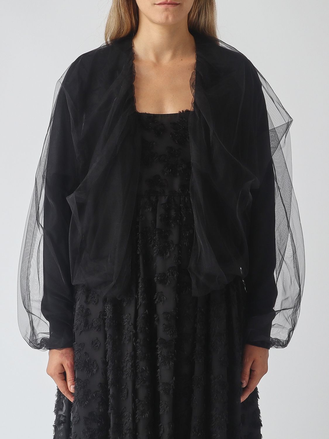 MEIMEIJ Cropped Virgin Wool and Tulle Top with Draped Long Sleeves MEIMEIJ Cropped Virgin Wool and Tulle Top with Draped Long Sleeves